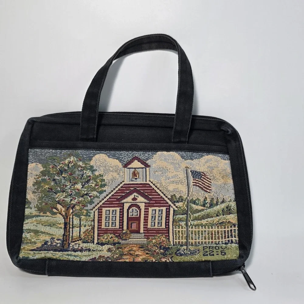Vintage Black Canvas Needlepoint Bible Book Cover School House Handbag w/Handles